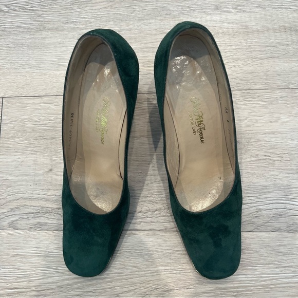 SAKS 5TH AVENUE Pump Fat Heel Suede Brass Square-Toe Forest Green 6AA Vintage​ - Picture 6 of 12